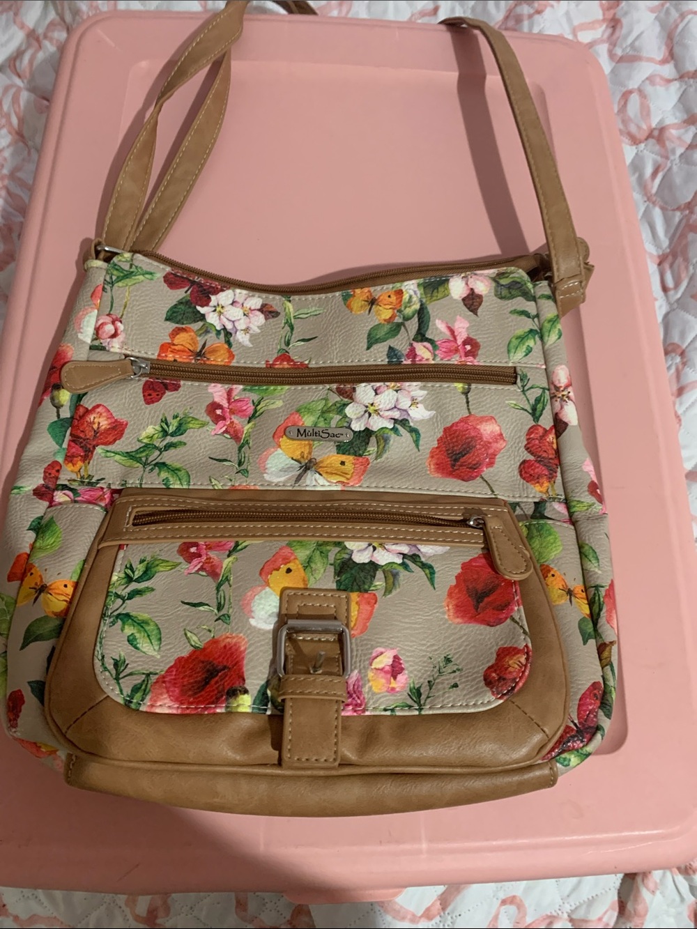 Floral Shoulder Bag with Tan Trim